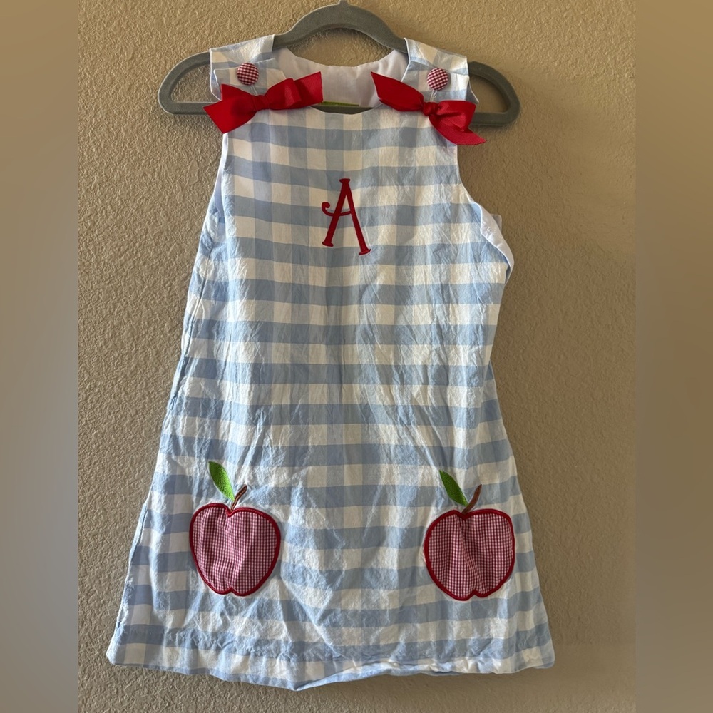Girls Blue Gingham Apple Appliqué Dress with Red Accents